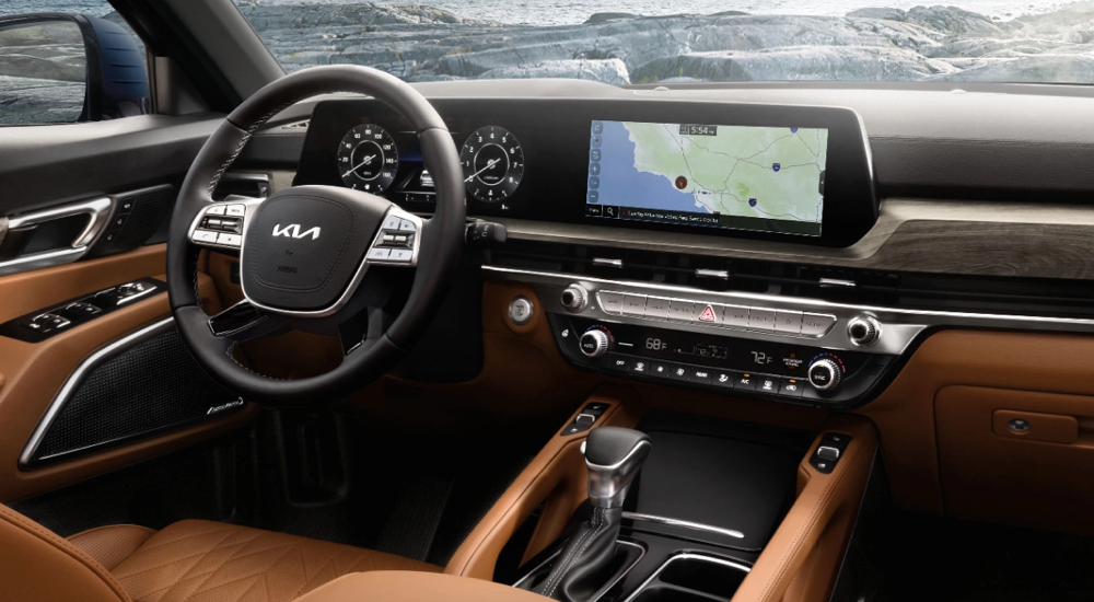 Brown leather upholstery in the cabin of a 2025 Kia Telluride X-Pro.